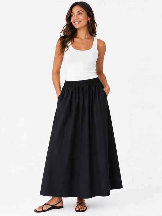 Quince Dresses & Skirts - NWT Quince 100% Organic Cotton Black Midi Skirt Size Medium Elastic Waist